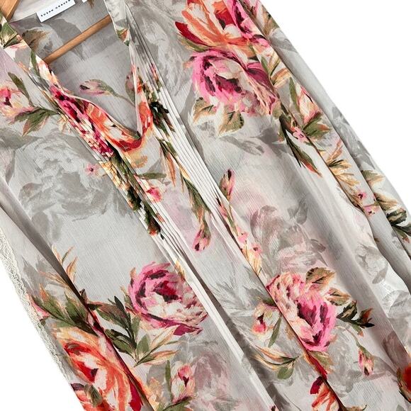 SUSAN GRAVER‎ Women's L Floral Printed Sheer Chiffon Lace Trim Pleated Tunic Top - Picture 1 of 13